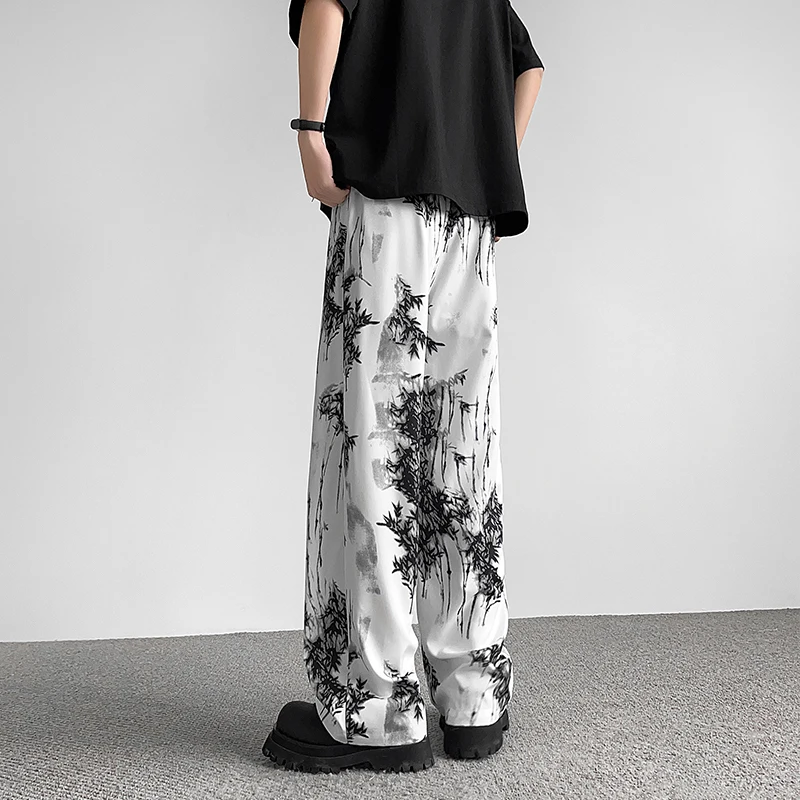 Trendy New Summer Ice Silk Fabric Men's Printing Tie Die Pockets Elastic Waist Drawstring Casual Loose Wide Leg Straight Pants
