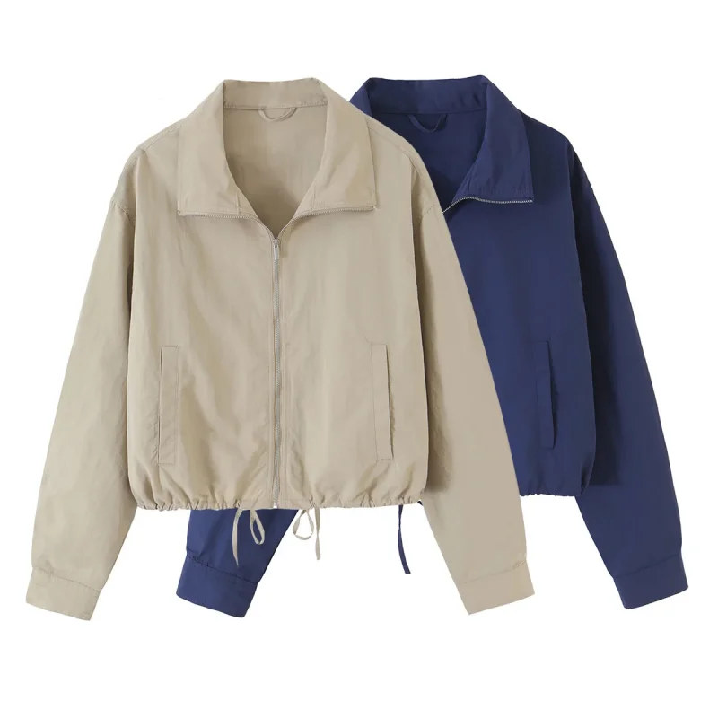 2026 Neue Revers-Reißverschluss-Cropped-Jacke & Elastische Weitbein-Hose Damen Zweiteiler Tech-Stoff Lässiger Passender Trainingsanzug – Detail 4