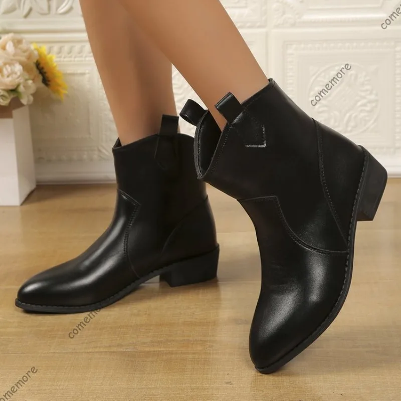 

Черные короткие ботинки Comemore в стиле ретро для женщин, весенне-осенние новые ботильоны с острым носком на толстом среднем каблуке, кожаные ботинки с v-образным вырезом