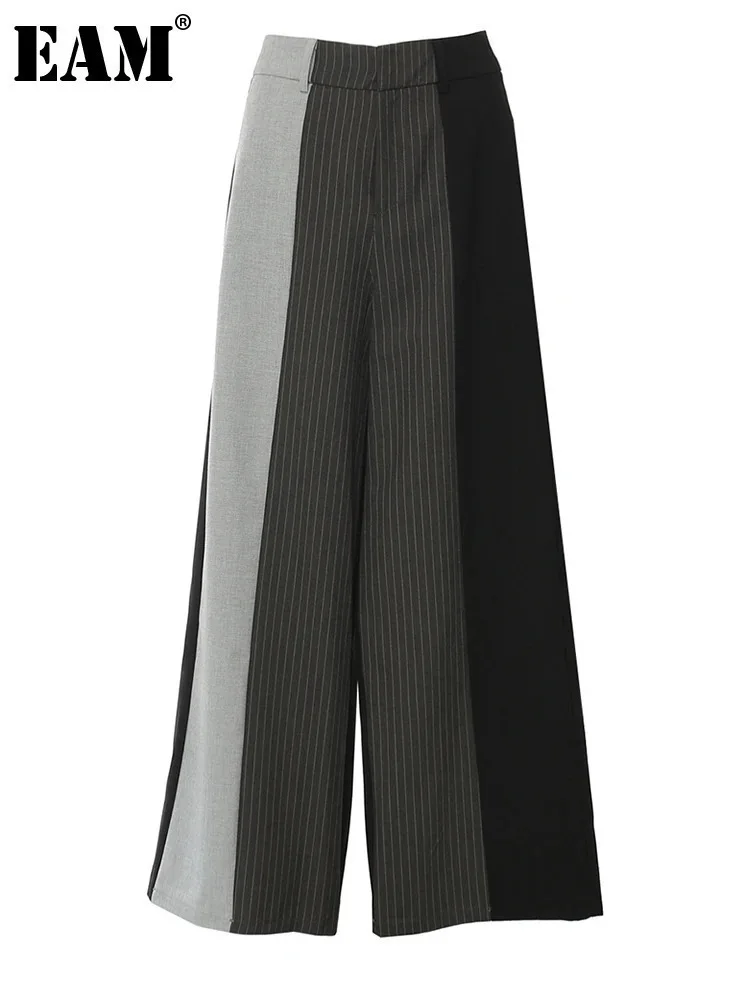 [EAM] High Elastic Waist Black Gray Striped Spliced Wide Leg Pants New Trousers Women Fashion Tide Spring Autumn 2024 1DH59370