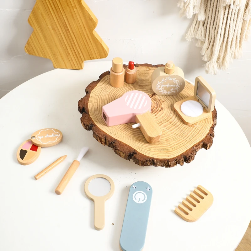 Children Wooden Dresser Toy Simulation Makeup Baby Hairdressing Simulation Girl Play House Beauty Fashion Toy Cosmetics Set Gift