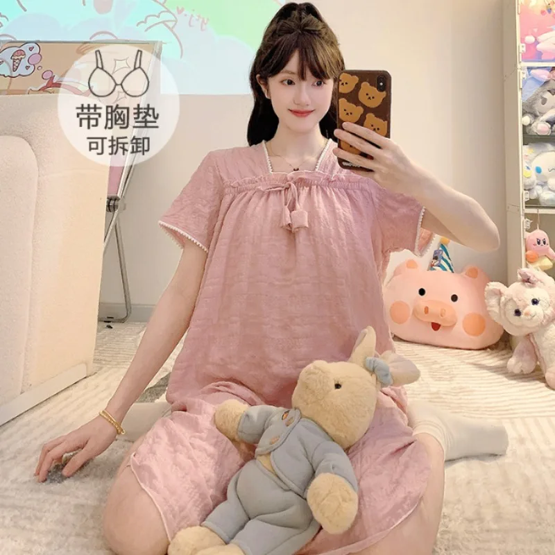 Women Plus Size Nightdress with Chest Pad Solid Cloud Cotton Pajamas Dress Summer Short Sleeved Loose Maternity Mid Home Clothes view 4