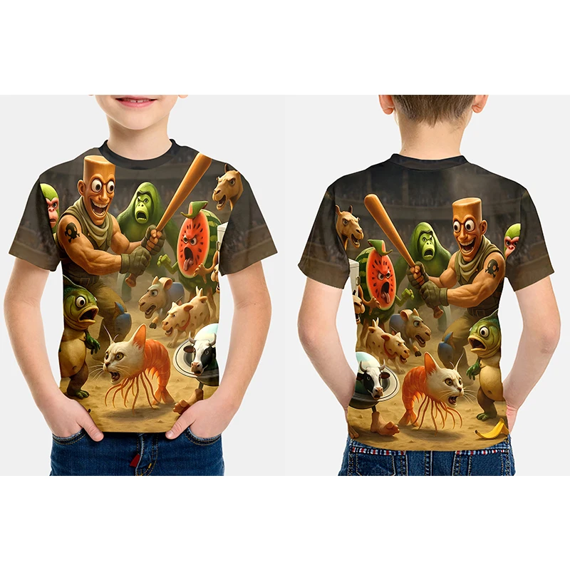 

Fantasy Creature Alliance 3D Digital Print Kids' T-Shirt, Elephant/Frog/Shark Back Print, Breathable Crew Neck, Dino Style