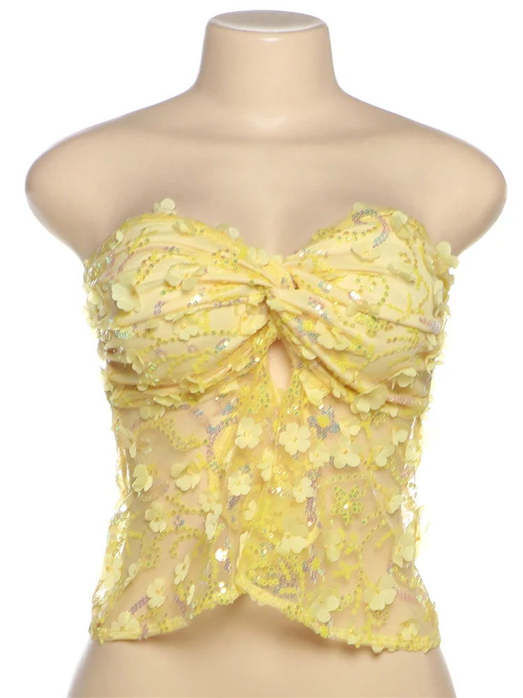 

Patchwork Strapless Women Tanks Solid Pleated See Through Cross Sequins Splice Crop Vests Female Sexy Sweat Summer Tops