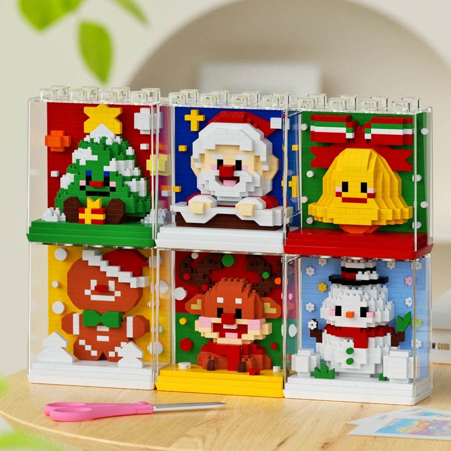 

Santa Claus assembles building block models, Christmas trees, reindeer, elves, snowmen, mini bricks, holiday Christmas gifts