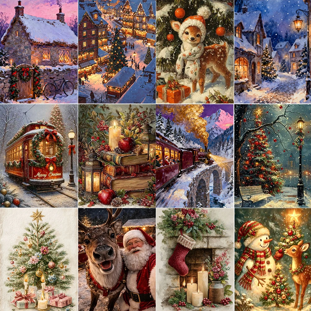 Christmas Town Posters Prints Canvas Painting Santa Claus Xmas Scenery Wall Art Picture for Living Room Home Decoration Gift