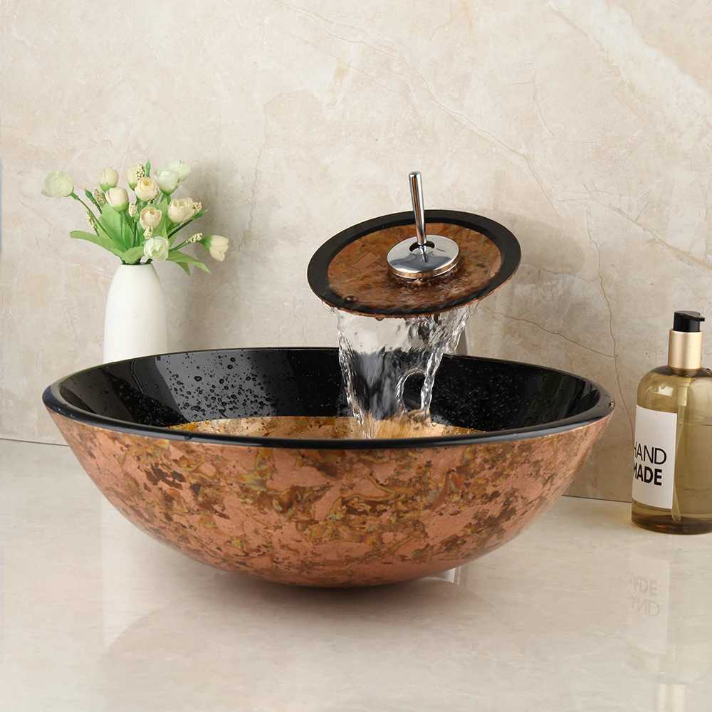 JIENI Countertop Basin Glass Sinks Bathroom Victory Vessel Washbasin Tempered Glass Sink With Chrome Waterfall Faucet Set