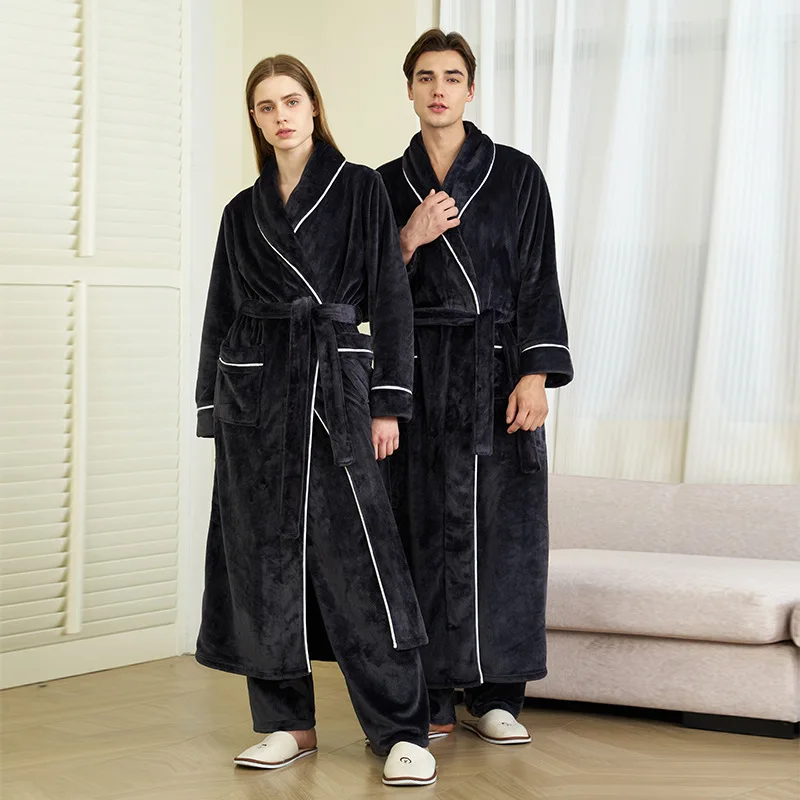 

Winter Coral Fleece Sleepwear Couple's Sleeping Robe Pants Women's Home Clothes Bathrobe Flannel Thickened Pajamas Yukata