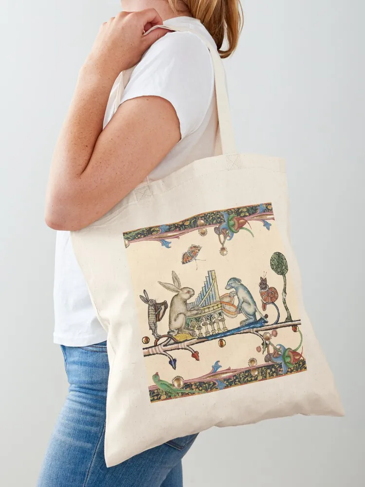 WEIRD MEDIEVAL BESTIARY MAKING MUSIC,White Rabbit And Dog Playing Organ,Harpist Hare,Snail Cat Tote Bag