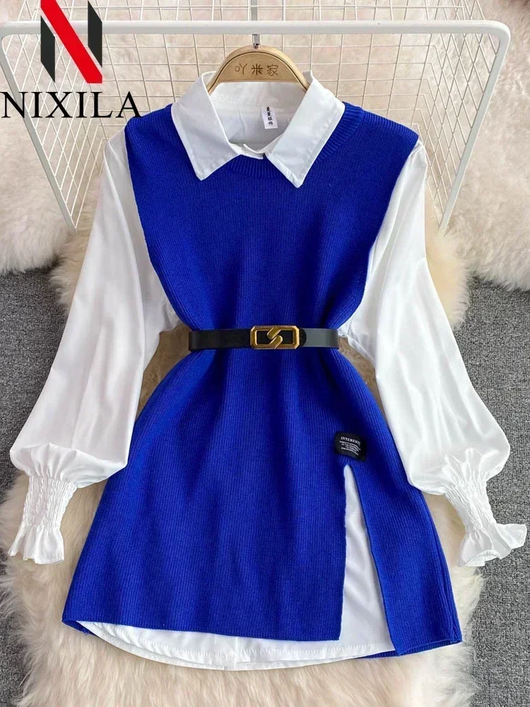 

Новая весенне-осенняя женская модная офисная женская рубашка с лацканами и рукавами-фонариками, белая рубашка, пуловер с v-образным вырезом, вязаный жилет, повседневный комплект из двух предметов