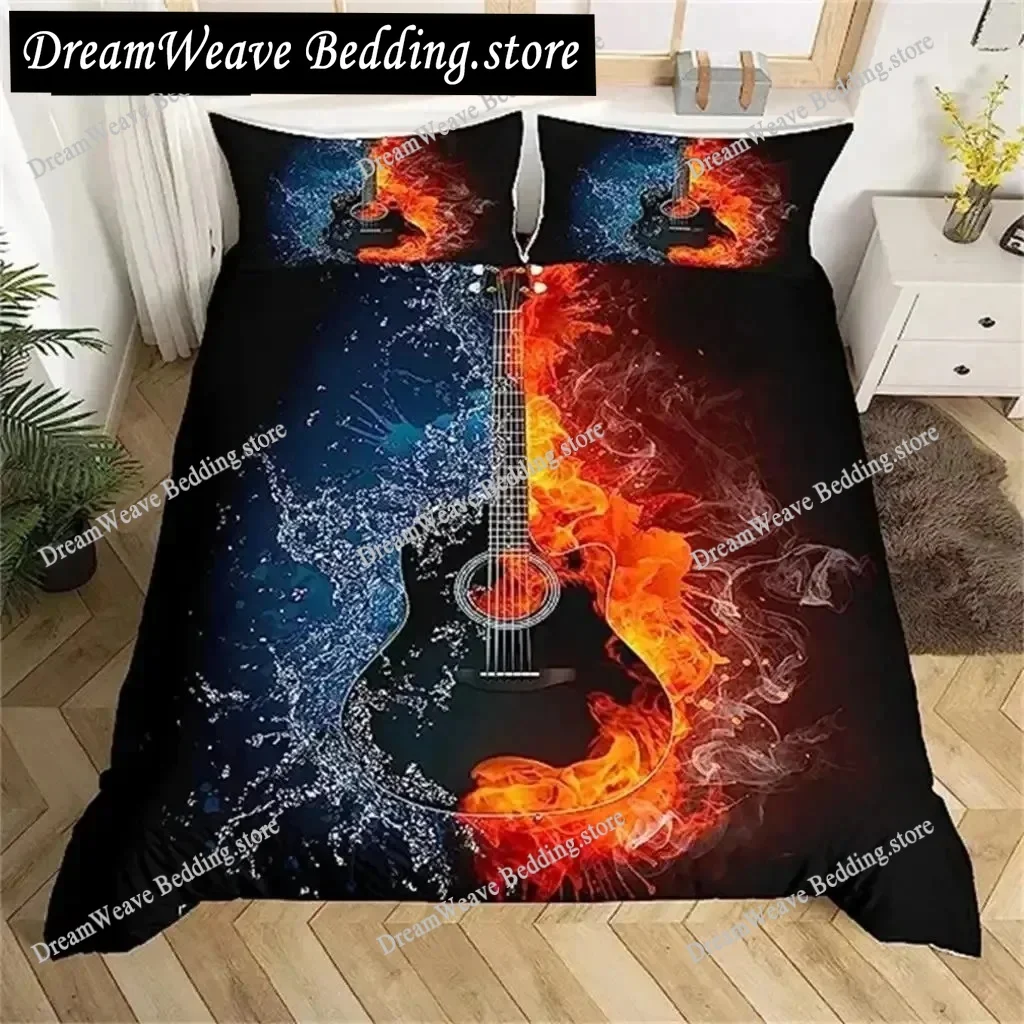 

3D Print Rock Music Themed Guitar Colorful Duvet Cover Fire and Water Bedding Set Fashion Microfiber Polyester for Boy Gifts