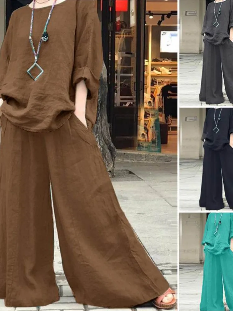 Spring Cotton Linen Women Pocket Suit Black Loose Top Wide-leg Pants Sets 2024 Female Summer Trendy Casual Elegant Suits Ladie