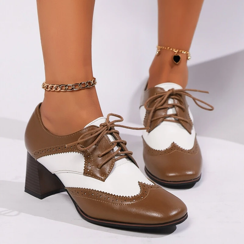 

Girseaby Women Pumps Lace Up Oxford Shoes 6.3CM Chunky Heels Black Big size 40 41 42 43 US12 Office PU Toe