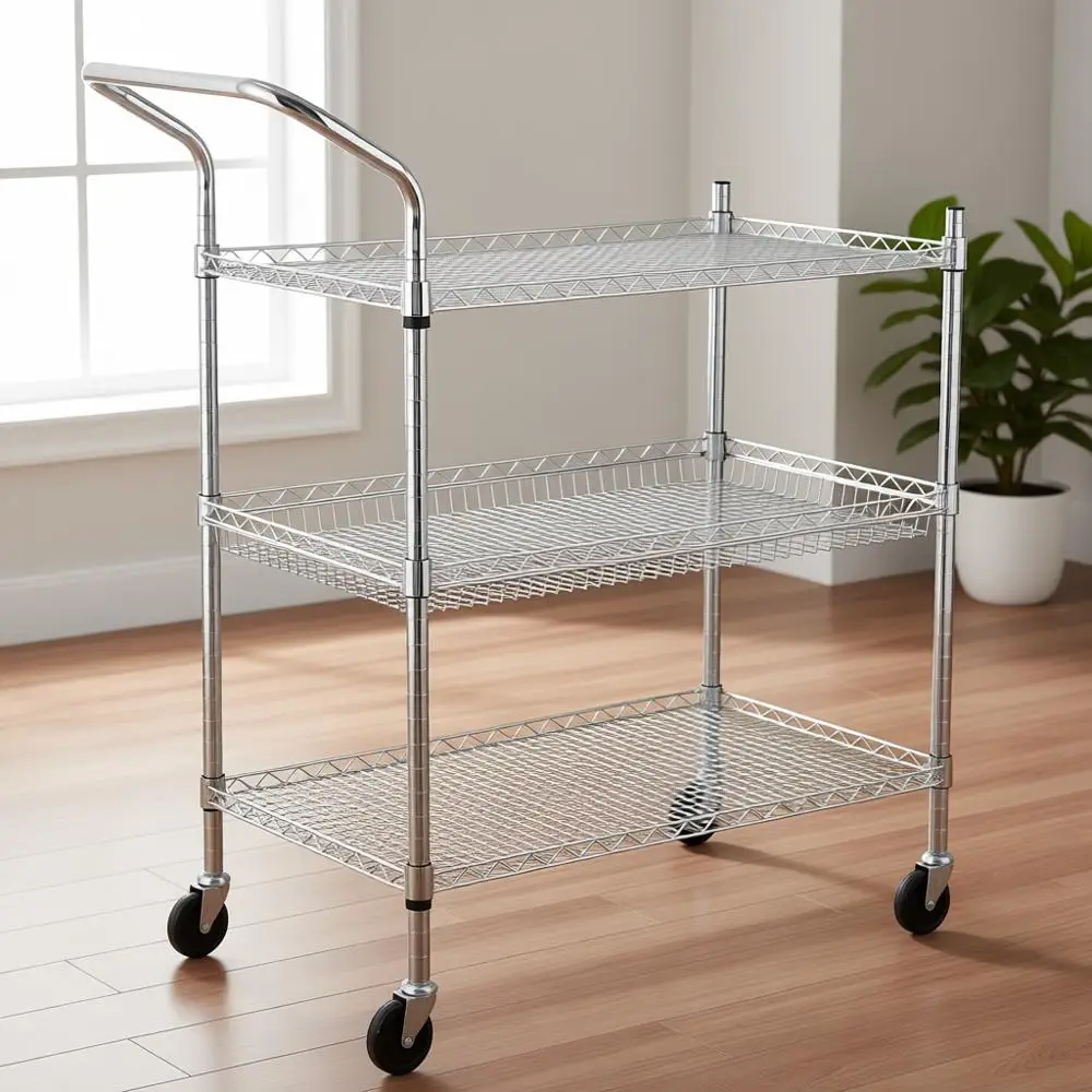 

Aluminum Steel Utility Cart with 3 Wheels, Rolling Wire Storage Trolley featuring High Handle