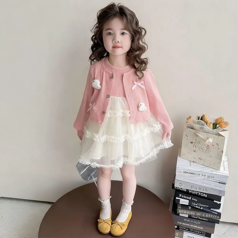 Girls' Spring and Autumn Small Yellow Duck Bow Knitted Shirt Set 2026 New Baby Treasure Mesh Dress Two Piece Set