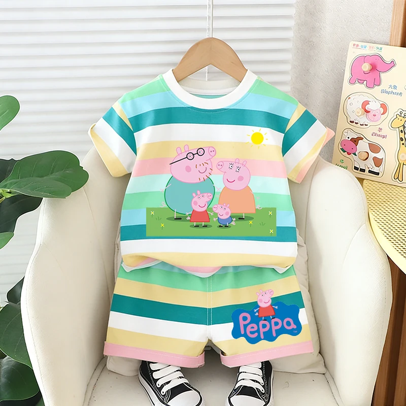 

Peppa Pigs Girl boy Summer T shirt Set Kid Pink Clothes 2pcs Shorts Kid Tops +Shorts Set baby Tee Sport Tracksuit Summer Outfits