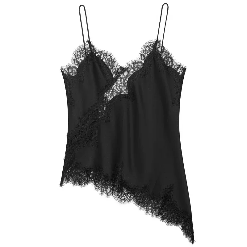 Elegant Asymmetrical Slip Top for Women Summer Y2K Lace Black Off-Shoulder Sleeveless Backless Camisole Tops