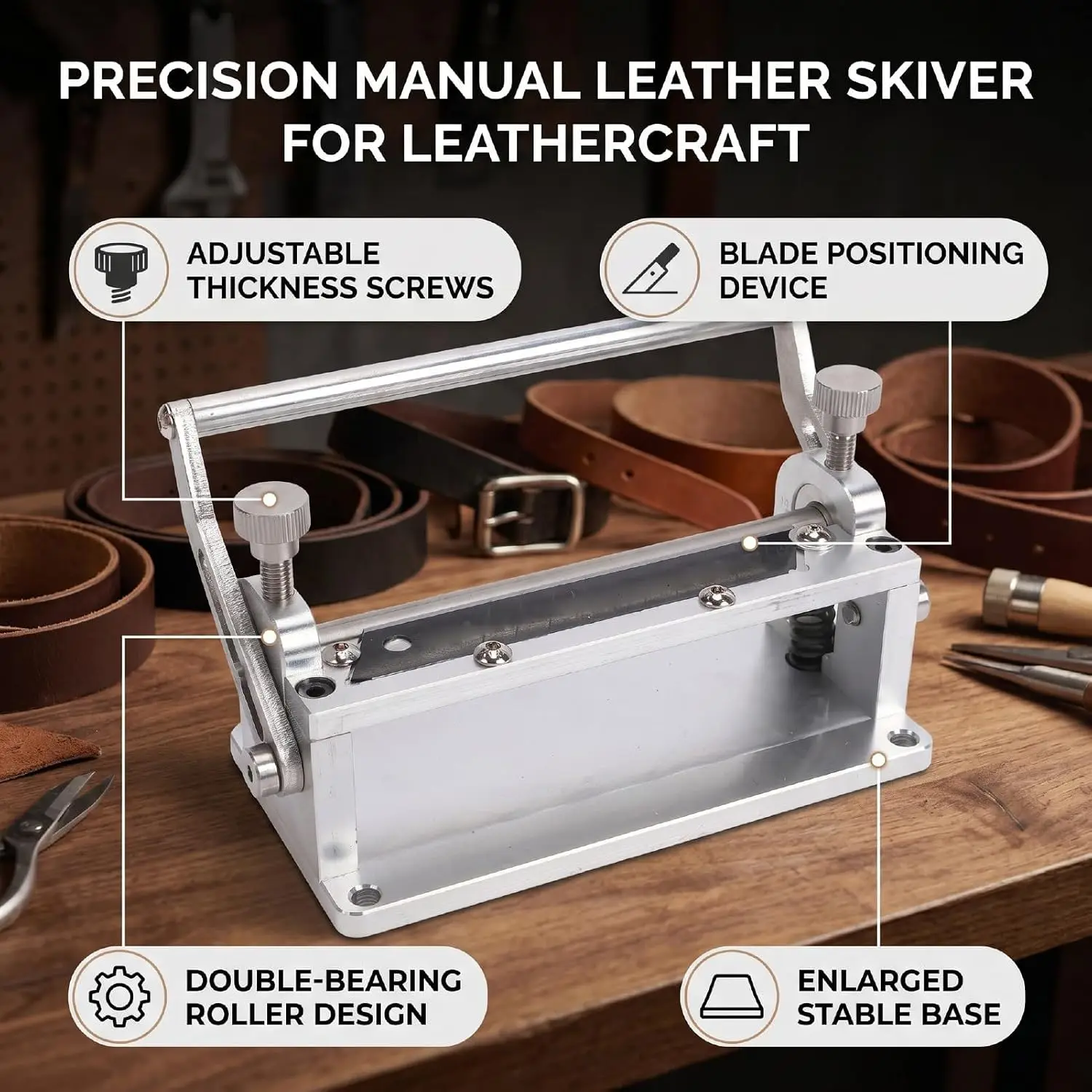 Manual Leather Skiving Machine Adjustable Thickness Splitter Tool for Belt Strap DIY Craft Alloy Steel Durable