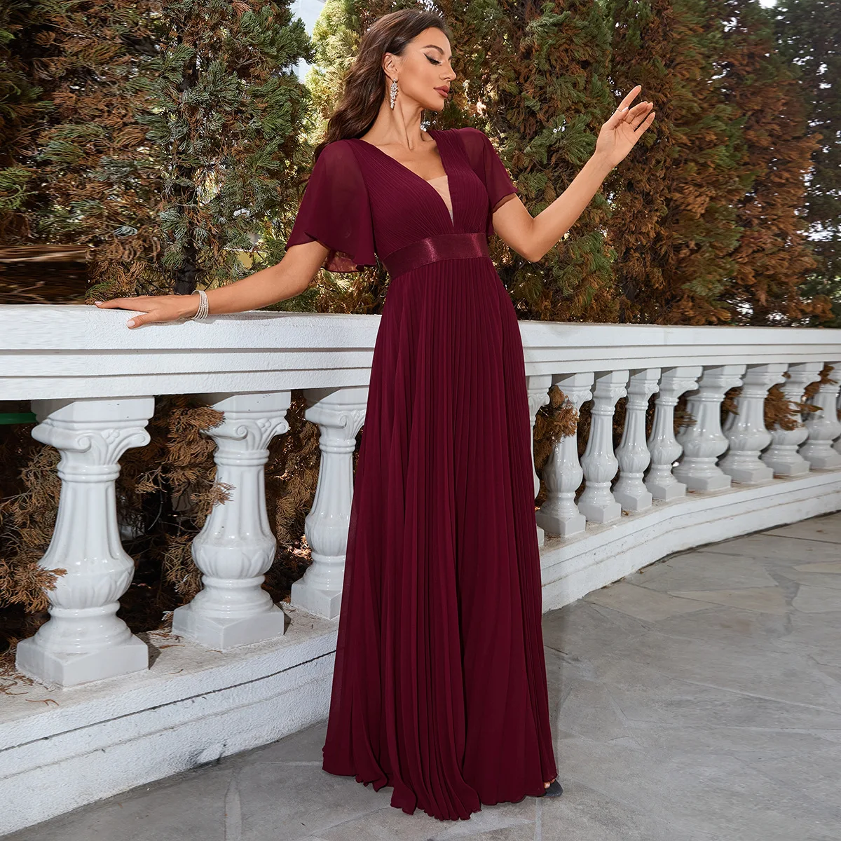 Women Summer V-Neck Chiffon Pleated Evening Dress Burgundy Bridesmaid Long Dress For Wedding Party Christmas Dress