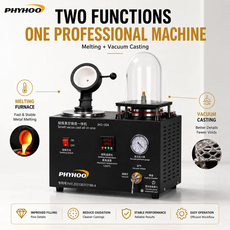 PHYHOO 1KG 2KG 3KG Jewelry Vacuum Casting Machine 1250C Gold Silver Melting Furnace Digital Control for Jewelry Making Equipment