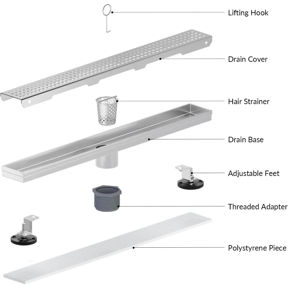 استنزاف دش خطي من الفولاذ المقاوم للصدأ مقاس 24 بوصة مع شبكة قابلة للإزالة ولمسة نهائية من النيكل المصقول، تتضمن الملحقات المعتمدة من CUPC
