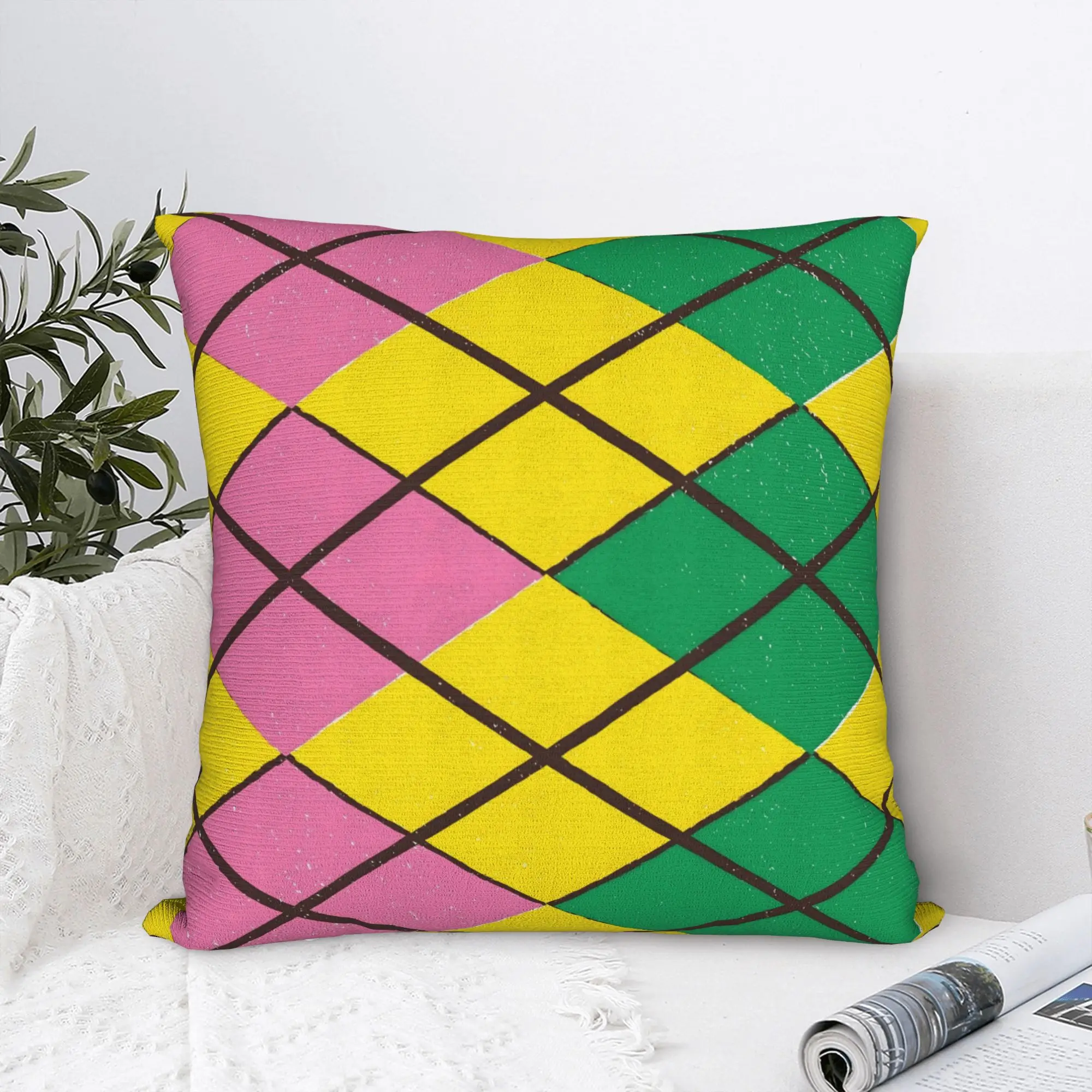 Yellow Pink Green Argyle Gingham Diamond Cushion Cover - Double-Sided Sofa Bed Pillow Case Suitable for Living Room,, Bedside Decor, Zipper Closure, Machine Washable Bedspread Covering (No Insert)