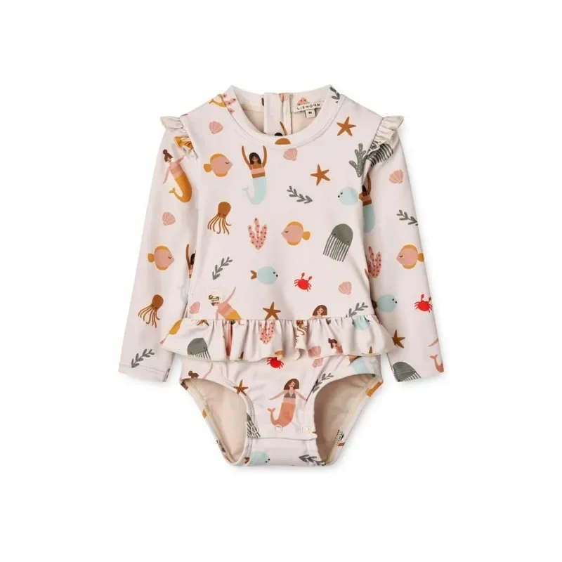 Girls Swimwears Ocean Long Sleeved Swimsuit Apricot Mermaid One-pieces Baby Girl Swimwear  Kids Vacation Sunscreen Swimsuits