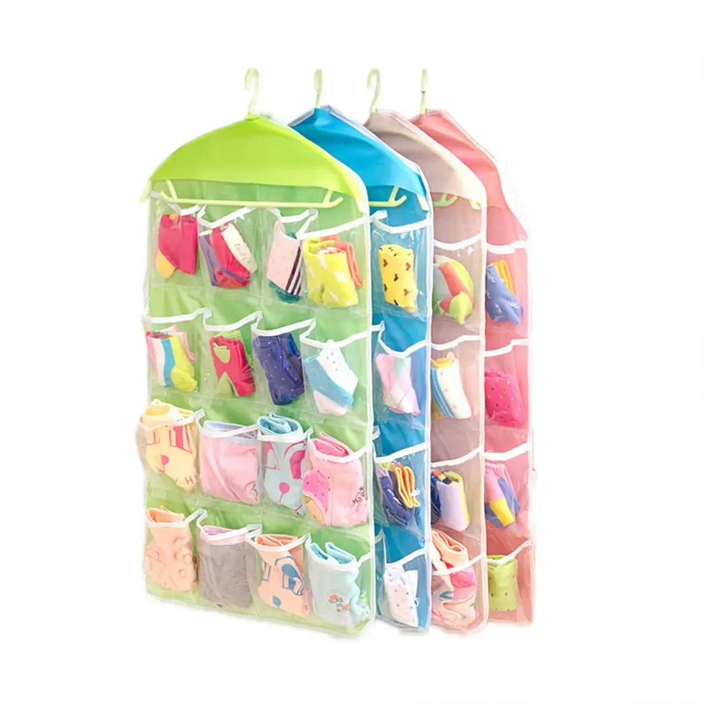 

16 Pockets Clear Hanging Bag Polyester Transparent PE Socks Bra Underwear Rack Hanger Hanging Storage Organizer