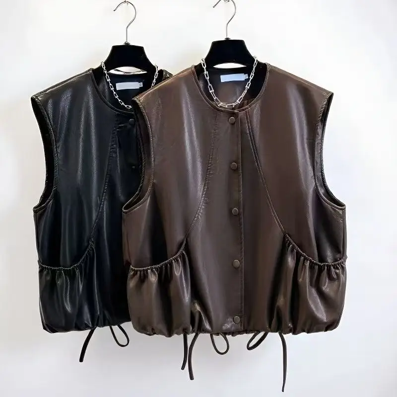 

Retro coffee color pu leather jacket vest vest women's spring clothing high-end short sleeveless vest jacket trendy