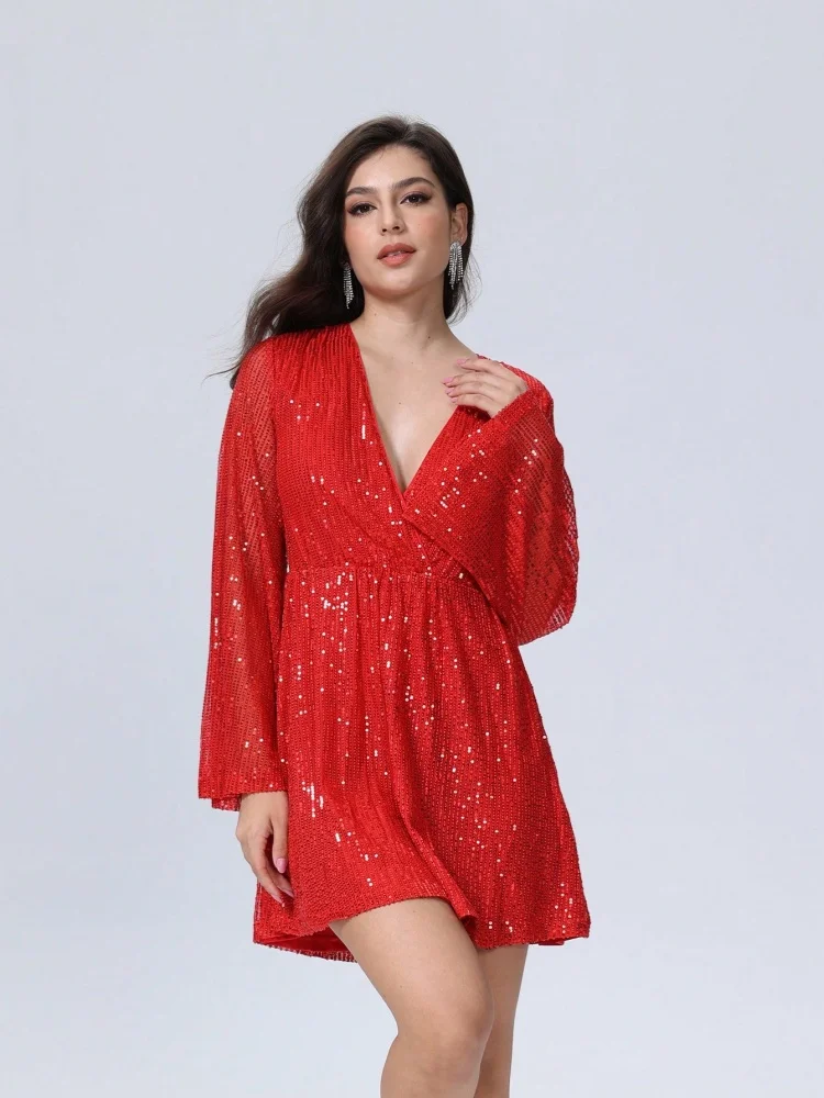 

D & M-Women's Luxury Sequin Party Dress, Black, Elegant and Pretty, Surplice Neck, Mesh