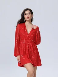 D & M-Women's Luxury Sequin Party Dress, Black, Elegant and Pretty, Surplice Neck, Mesh