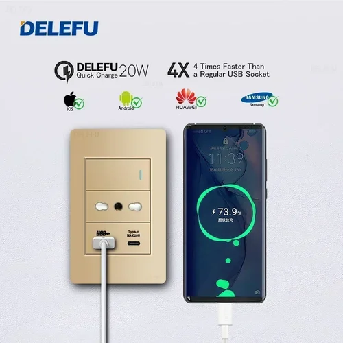 DELEFU Panel de PC dorado Italia Chile USB TypeC enchufe de carga rápida Schuko Tuya Wifi interruptor inteligente Sat TV Tel timbre cortina Chile