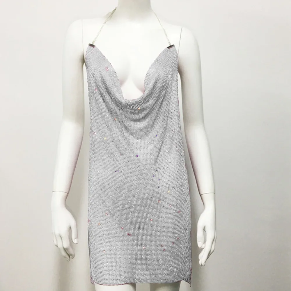 Shiny Diamond WomenDress Crystal Rhinestone Halter Low Neck Halter Backless Side Split Metal Sequins Dress Nightclub Mini Dress