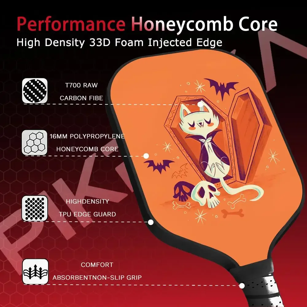 

Pickleball Paddle T700 Carbon Fiber Paddle Set Thermoformed 16MM Honeycomb Core with Bag and Grip Tape Halloween Lively Cat