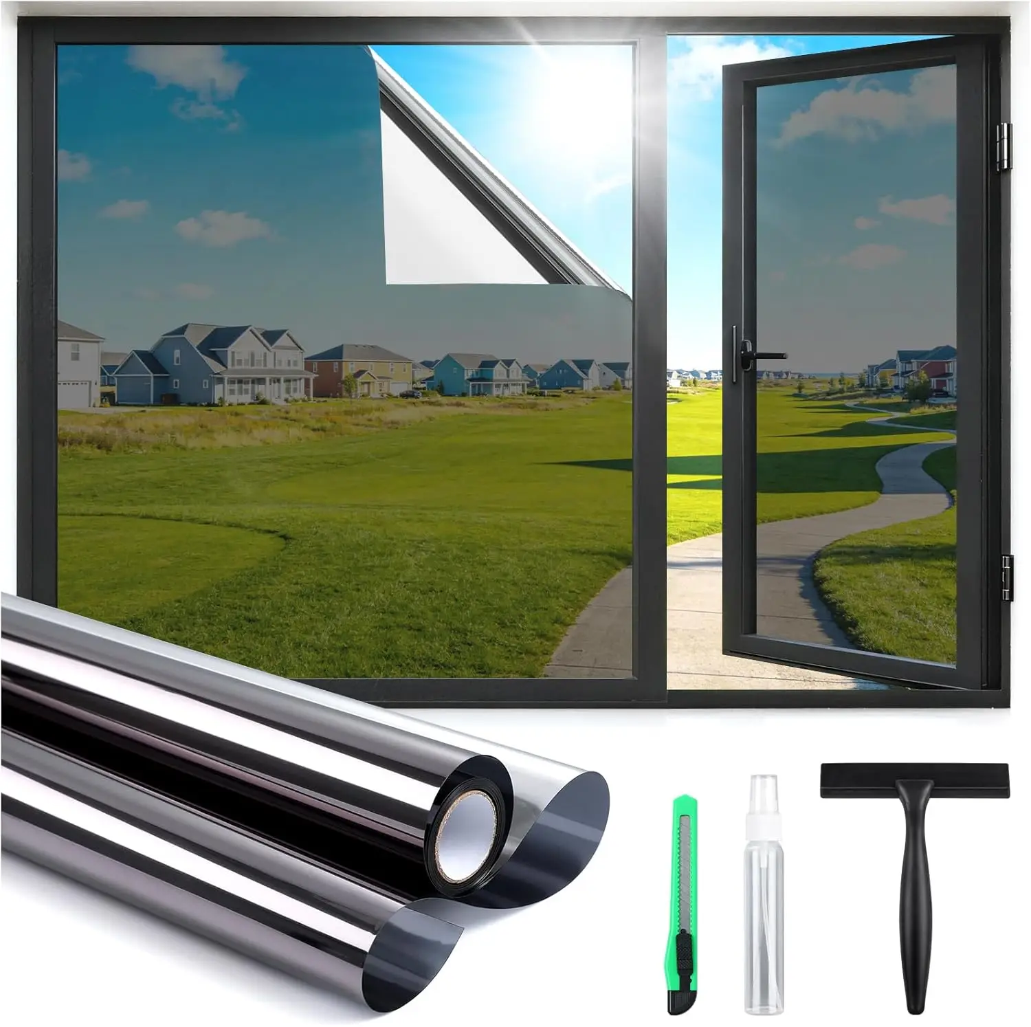 

One Way Window Privacy Film, Static Cling, UV Block, Heat Control, 35.4x157.4 inch, Black-Silver