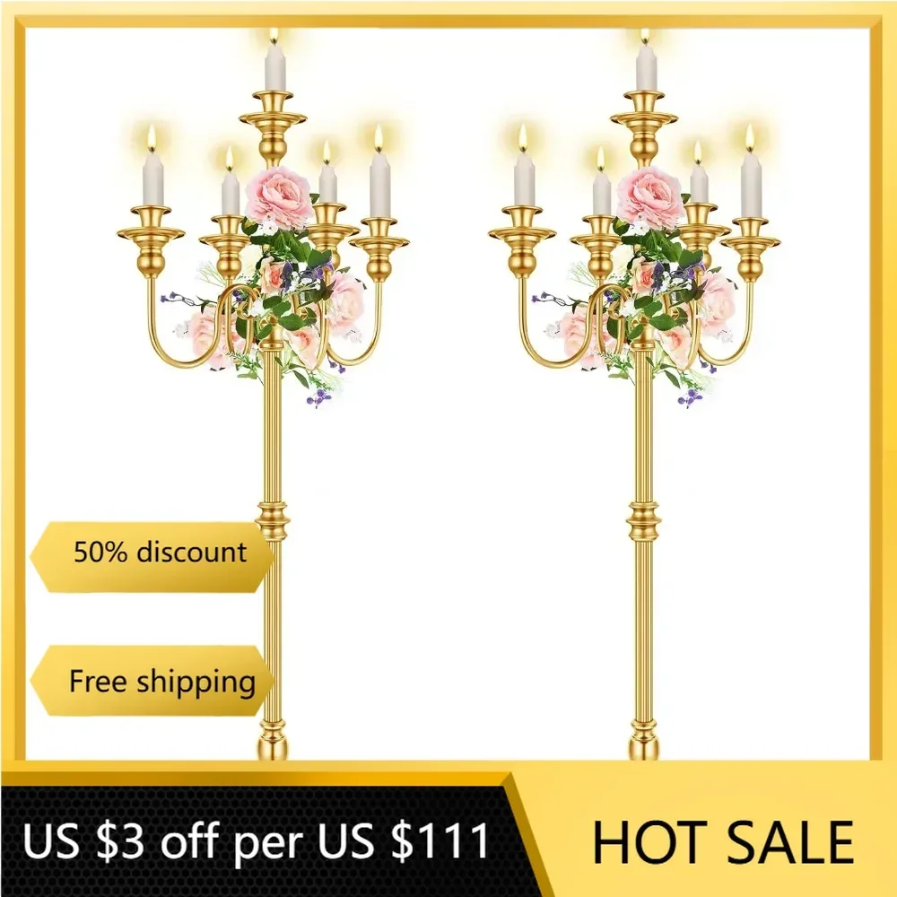 2 Pcs Gold Wedding Floor Candelabra 50 Inch Halloween Antique Candle Stand Metal 5 Arm Candelabra Centerpiece Decoration