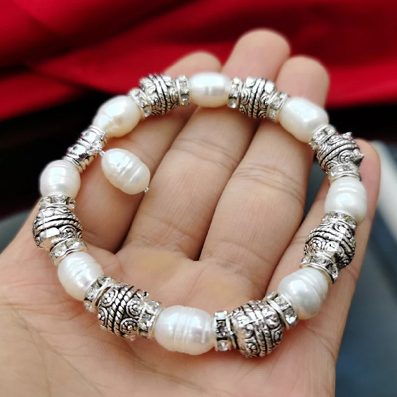 Natural Round Freshwater Pearls Beads Bracelet Alloy Charms Spacers Beads Strand Bracelets for Women image 3