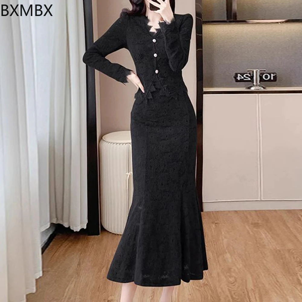 

[Комплект из двух предметов] Ribuch, маленькая книга, модный темперамент, V-образный вырез, длинные рукава, обернутый на бедрах, комплект из двух предметов «рыбий хвост» D0437