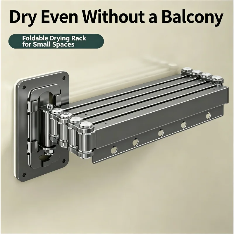 No Drill Detachable Foldable Aluminum Wall Mount Clothes Drying Rack 360° Retractable Windproof Hanging Hole Hidden Space Saving