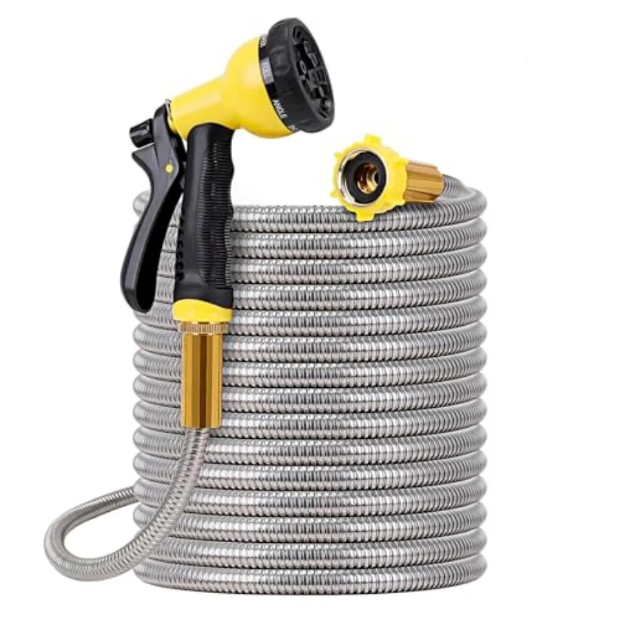 

Metal Garden Hose 25FT- Stainless Steel Heavy Duty Water Hose with Solid Metal Nozzle and8 Function Sprayer, Portable and Light