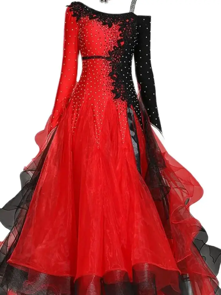 

Women Waltz dancing Dress Inclined Shoulder Splicing Bright Ballroom Dance Competition Dress