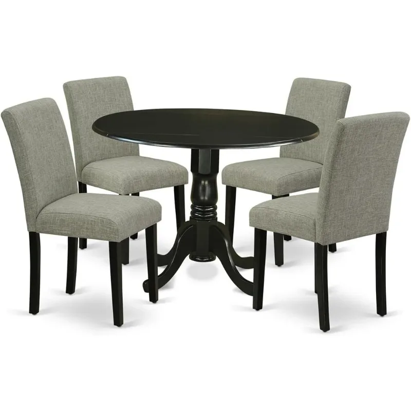 5 Piece Dinette Set for 4 Includes A Round Dining Room Table with Dropleaf 4 Linen Fabric Dining Chairs As Small Breakfast Table