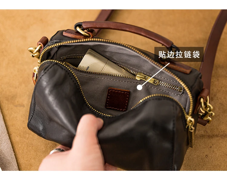 simple luxury vegetable tanned cowhide men's black shoulder bag Fashion handmade genuine leather pleated teens crossbody bag