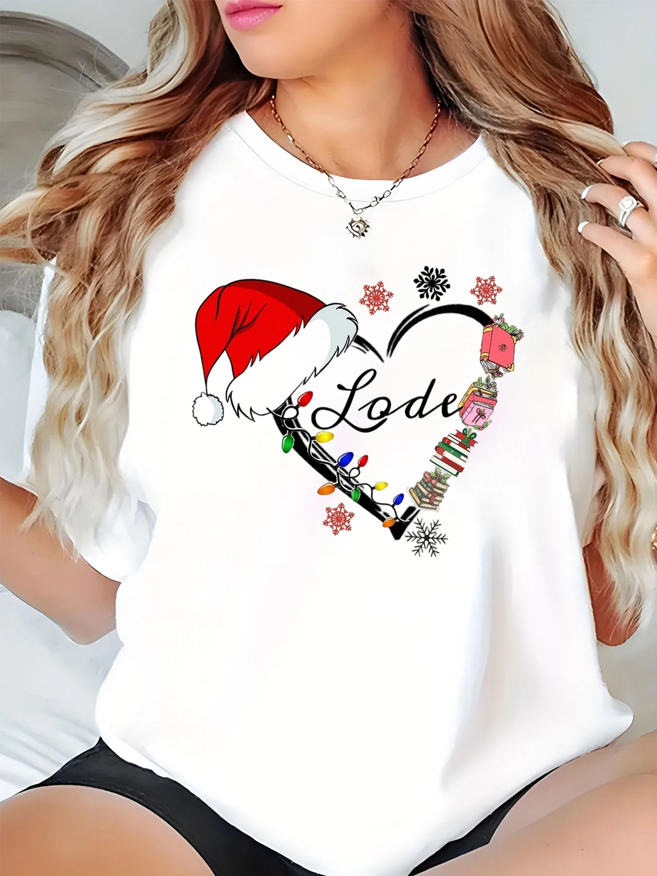 عيد الميلاد تي شيرت المرأة سانتا قبعة القلب طباعة عطلة عادية أعلى احتفالي عيد الميلاد الزي للنساء