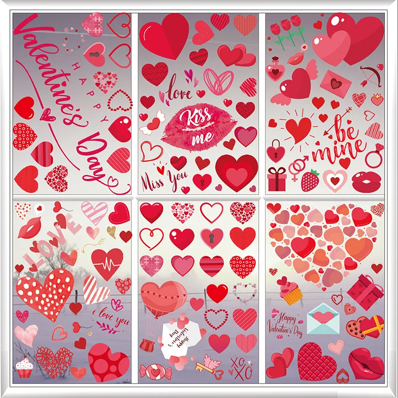 9 Blatt statische Aufkleber für Fenster, Ladendekoration, Valentinstag, Urlaub, Partys, Liebe, Glasaufkleber, Heimtextilien, Dekoration