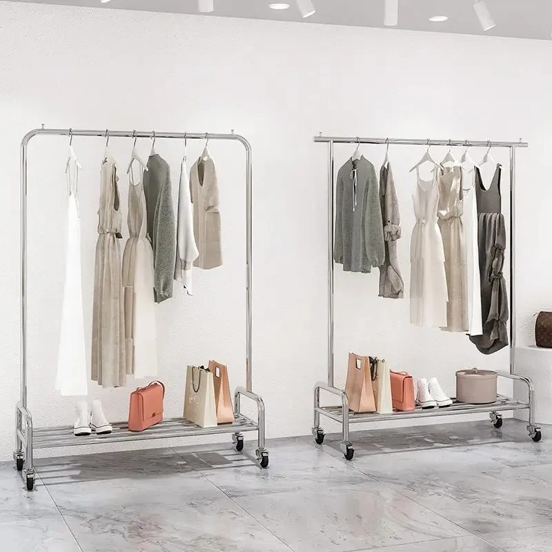 

Nordic Coat Racks Clothing Store Clothes Pole Stainless Steel with Wheels Display Rack Women's Clothing Store Shelf Display Rack