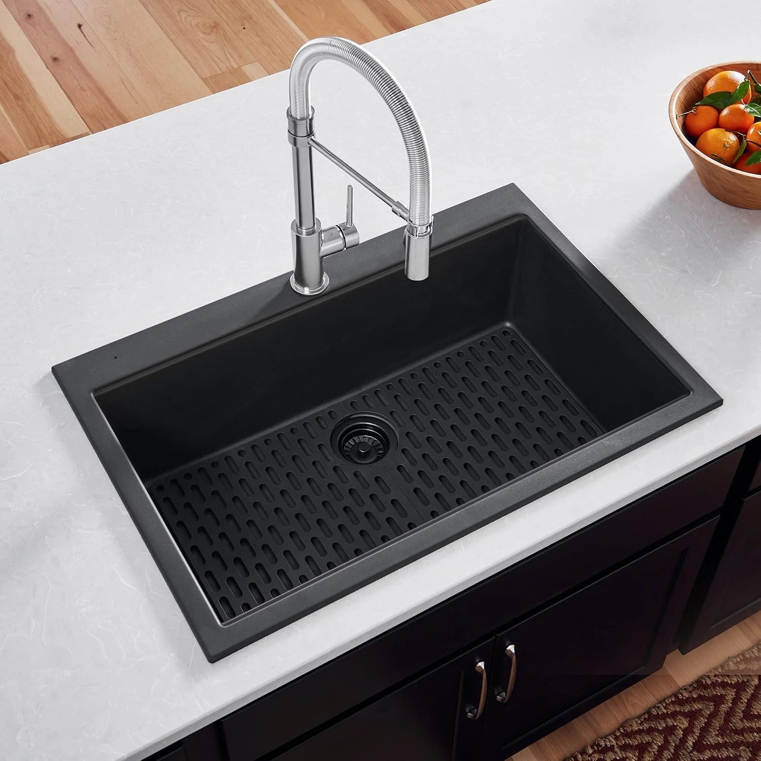 33×22 Inch Midnight Black EpiGranite Drop-In Top Mount Kitchen Sink, Durable Composite Granite Single Bowl Sink For Household Kitchen Renovation Decor