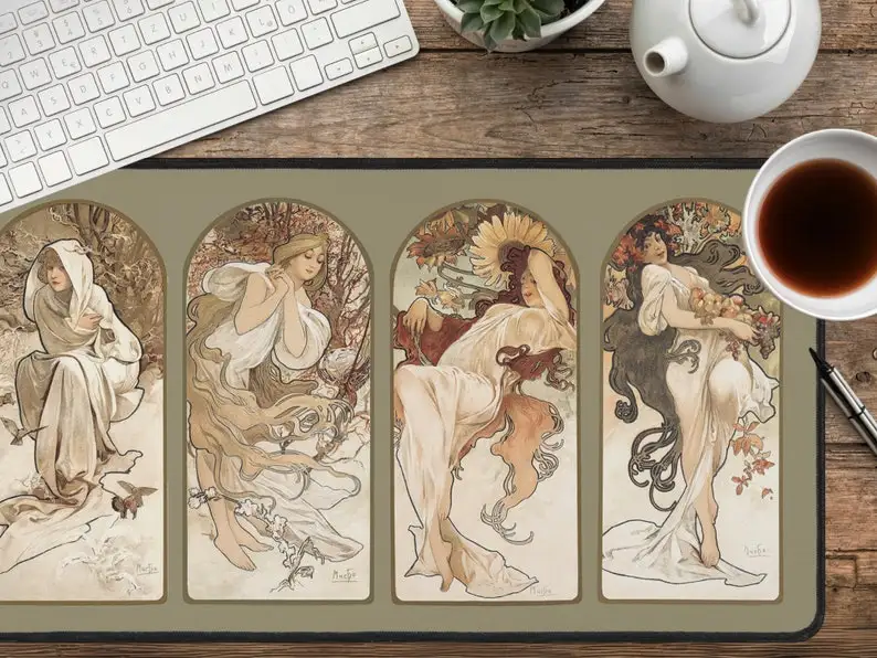 

Art Nouveau Desk Mat Art Nouveau Accessories Vintage Beige Green Deskmat Mucha The Seasons Large Mouse Pad XL Keyboard Mat