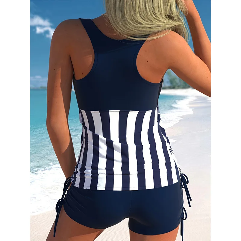 المرأة مخطط الرياضة Tankini مجموعة حبال عارية الذراعين المحافظ زي سباحة من قطعتين مع Boyshorts الصيف عطلة الشاطئ المايوه مجموعات