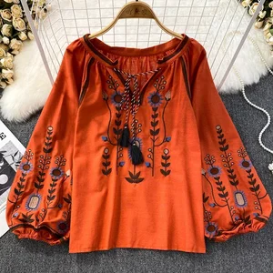 Frauen Frühling Bluse Ethnischer Stil Retro Literatur Lose Stickerei Baumwollwäsche um den Hals Pullover Casual Hemd Top D3549 9 Hauptverkaufsblusen Volk - №2